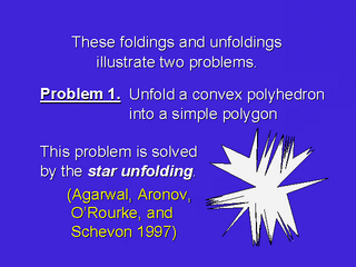 [These foldings and unfoldings illustrate two problems.
 Problem 1.  Unfold a convex polyhedron into a simple polygon.
 This problem is solved by the star unfolding.
 (Agarwal, Aronov, O'Rourke, and Schevon 1997)]