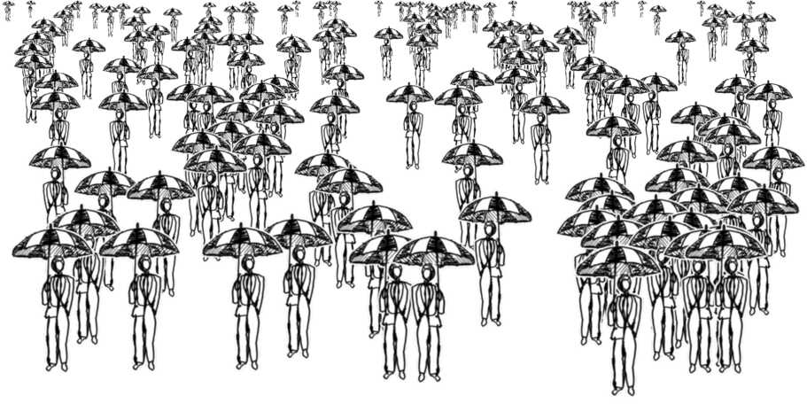 A perspective layout of 150 umbrella men